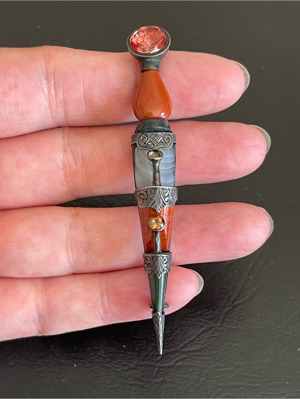 Antique Victorian sterling silver gemstone dirk brooch.